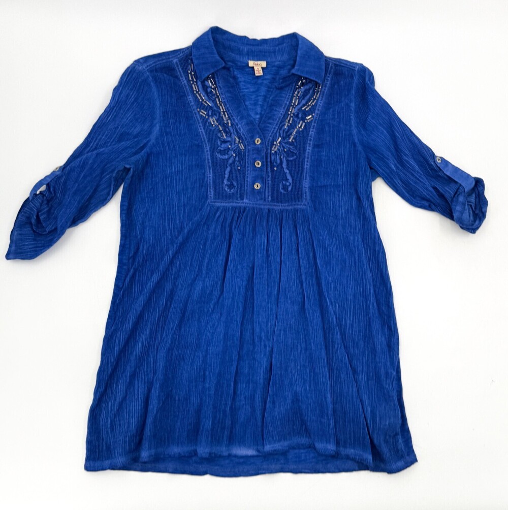 Reba Shirt Womens Small Blue Blouse V Neck Tunic Boho 3/4 Sleeve Roll Tab Sleeve